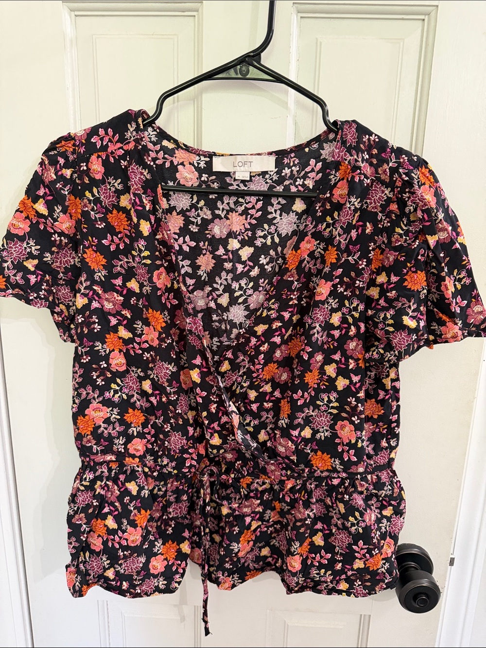 LOFT Black Floral Wrap Top with Pink & Orange Blooms